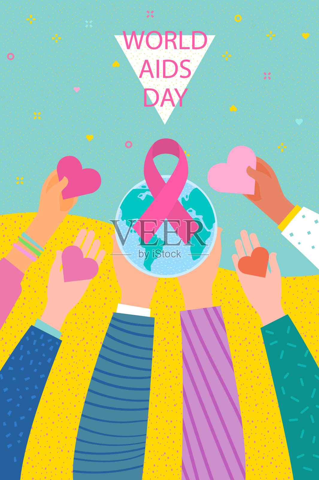 世界艾滋病日的概念。手有心形和红色丝带的象征。设计模板素材