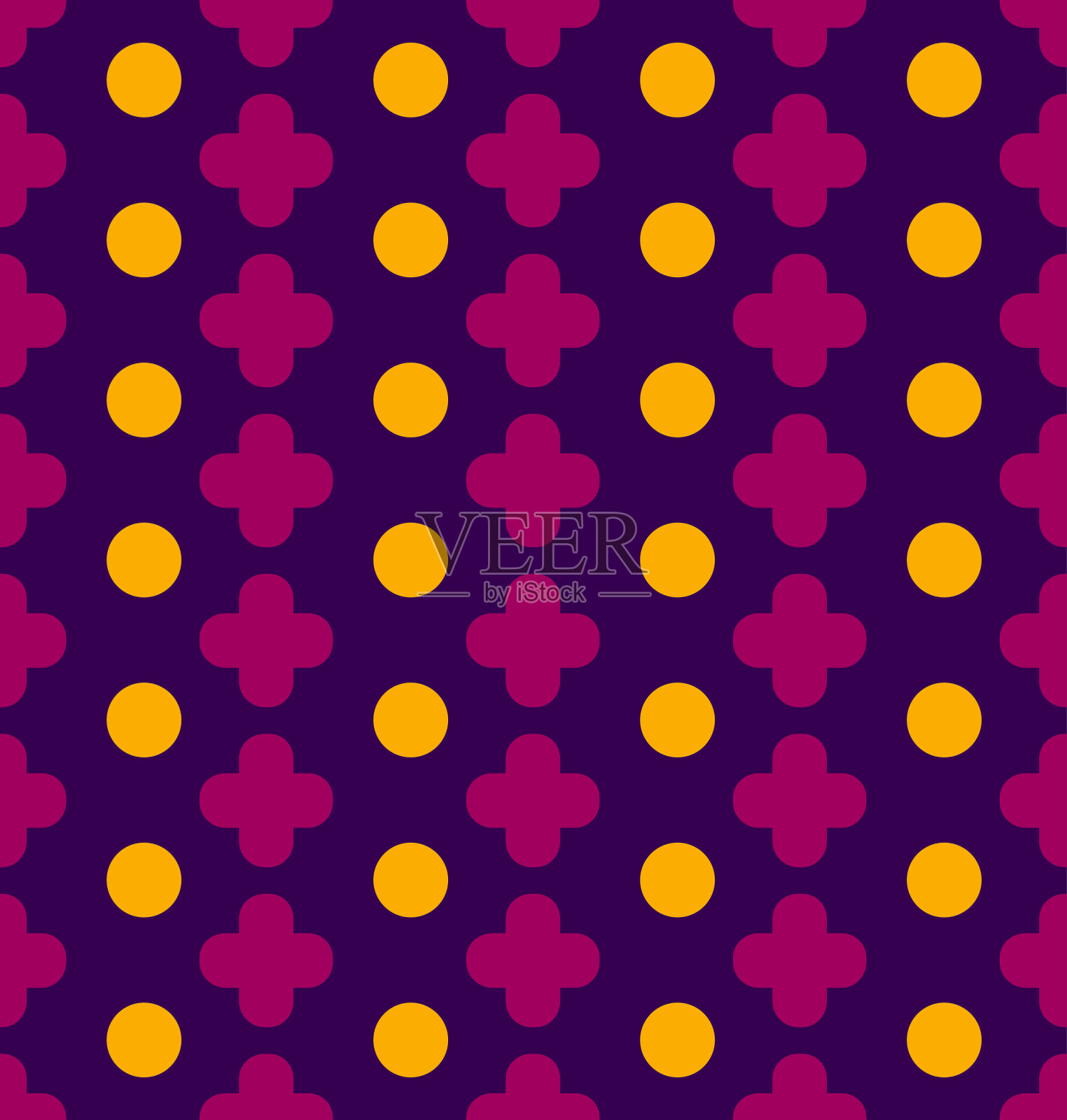 矢量无缝模式与正号和圆。粉色十字路口和黄色圆圈在蓝色背景上插画图片素材