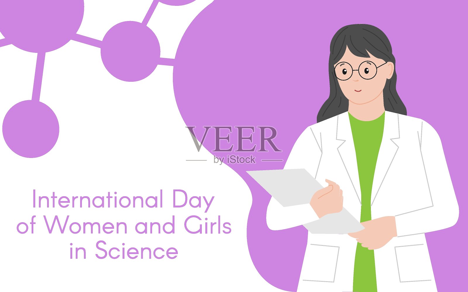 拿着文件夹的女化学家。妇女和女童参与科学国际日。女人的化学家。女科学家。插图。平的风格。抽象的孤立的背景插画图片素材