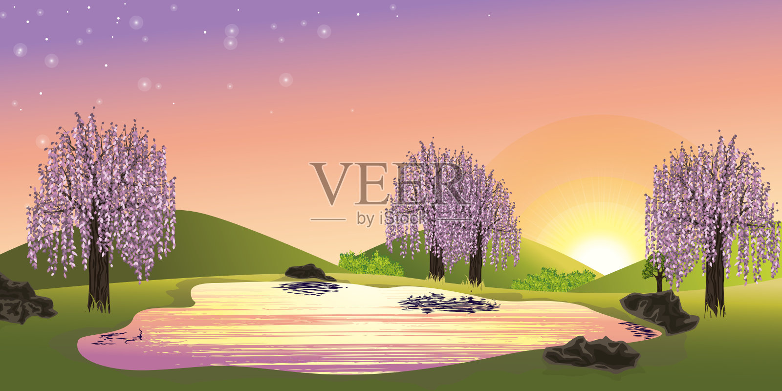 全景春天的风景插画图片素材