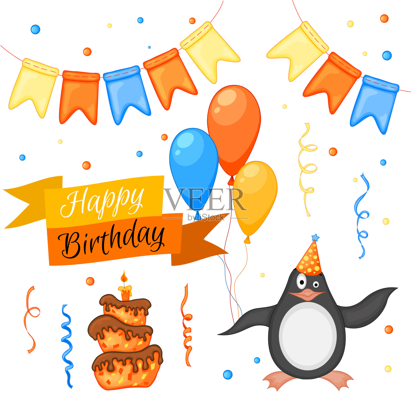 派对设置与企鹅和彩色的项目在一个白色的背景。铭文“生日快乐”。五彩缤纷的。向量。插画图片素材