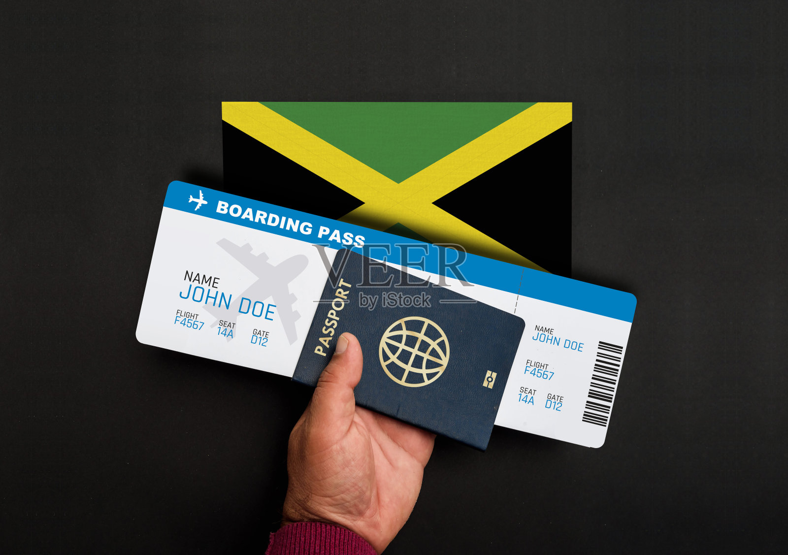 护照、登机牌和牙买加国旗照片摄影图片