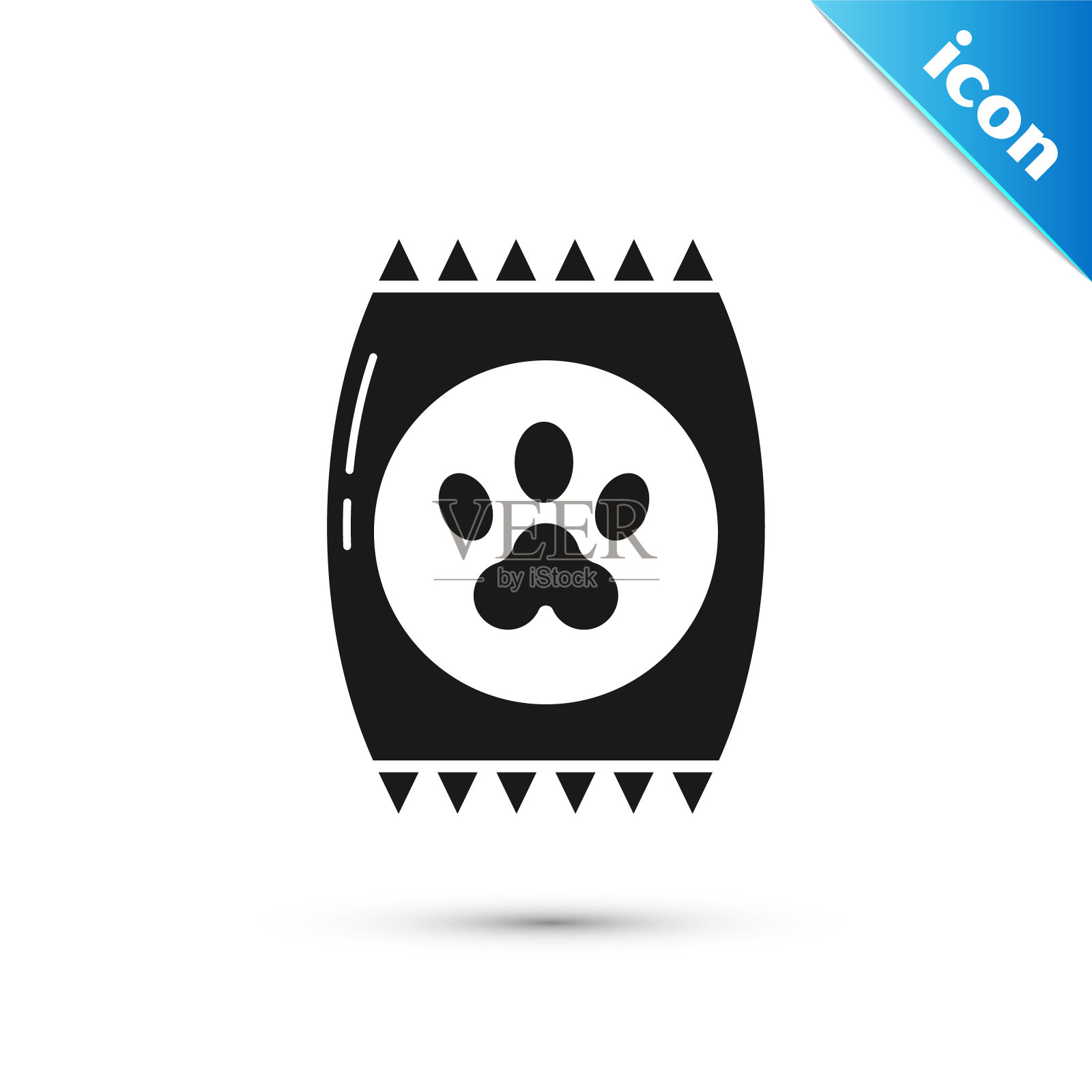 宠物食品的黑色袋子图标隔离在白色背景。动物的食物。宠物食品包装。狗或猫的爪印。矢量图插画图片素材