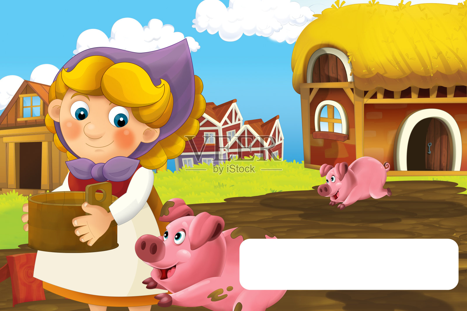 卡通场景与快乐的女人在农场工作与框架文本站立和微笑插画图片素材