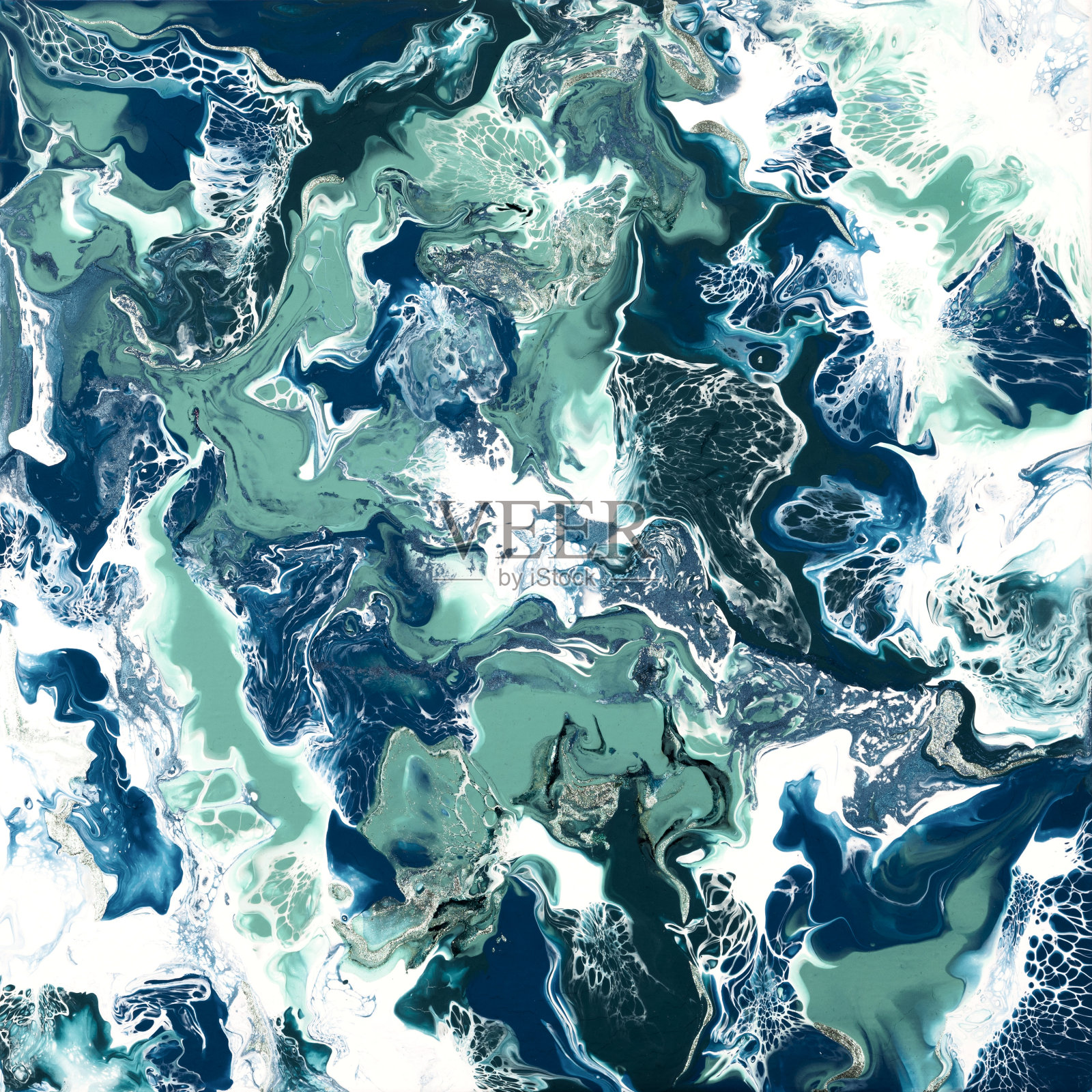 抽象流体艺术丙烯酸浇注蓝色和绿色阴影的背景。彩色的壁纸。插画图片素材