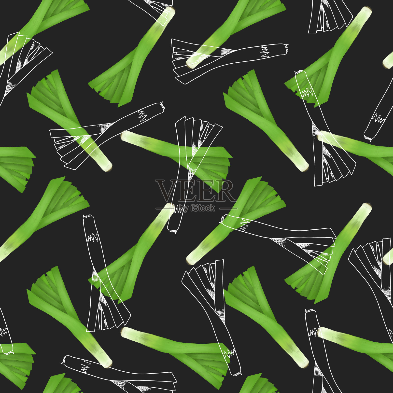 无缝模式与绿色韭菜，手绘素描风格在黑暗的背景插画图片素材