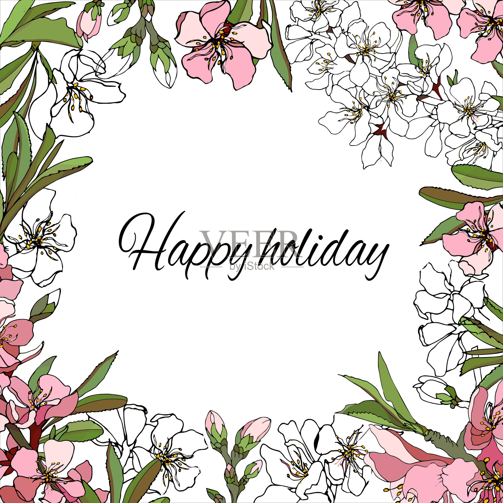 花框架与温和的粉红色和白色的鲜花问候文字，邀请和卡片插画图片素材