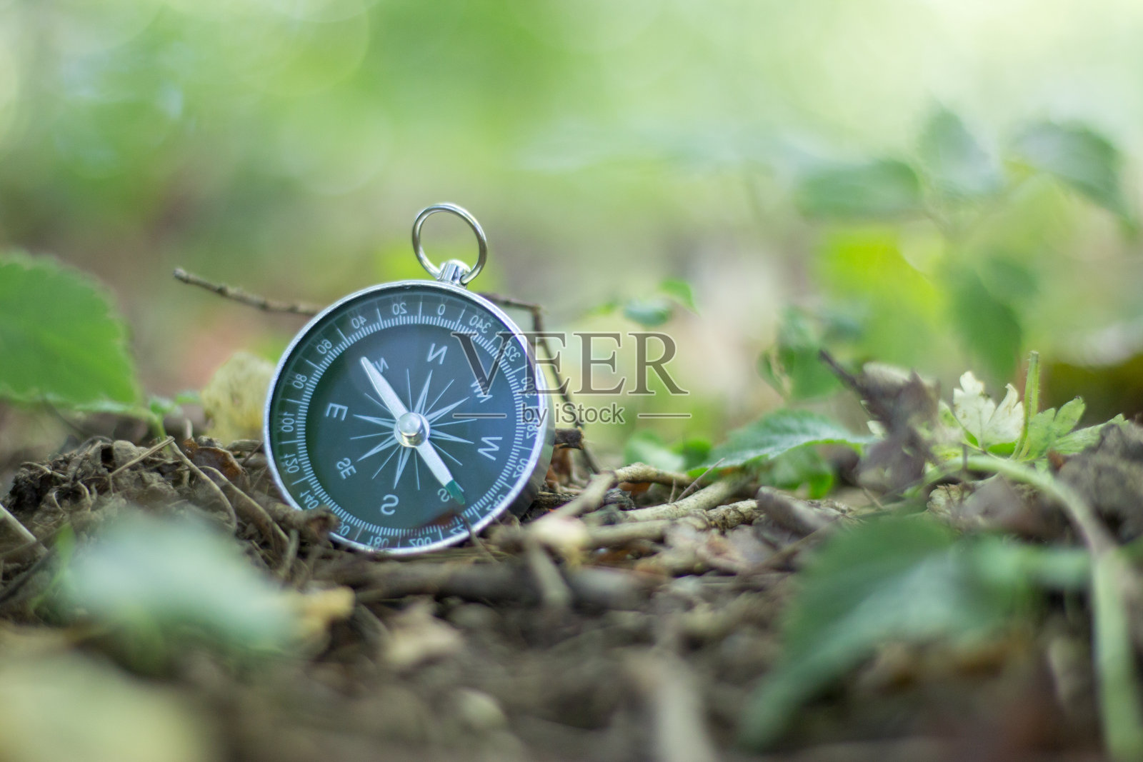 探险:指南针躺在干燥的地板上，指示方向照片摄影图片