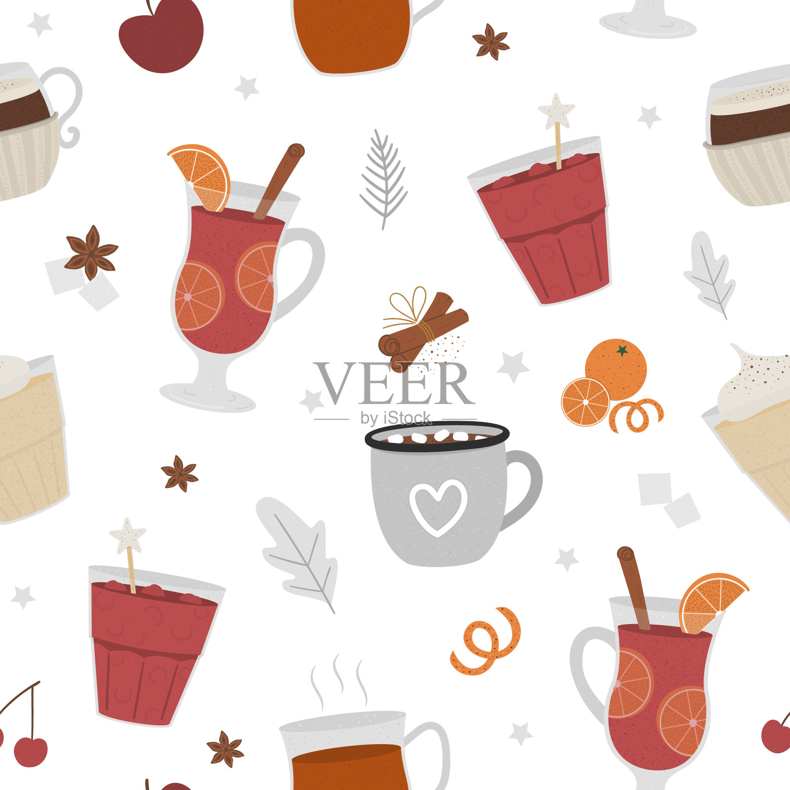 矢量无缝模式与冬季传统暖饮。重复假日热饮，香料，水果的背景插画图片素材