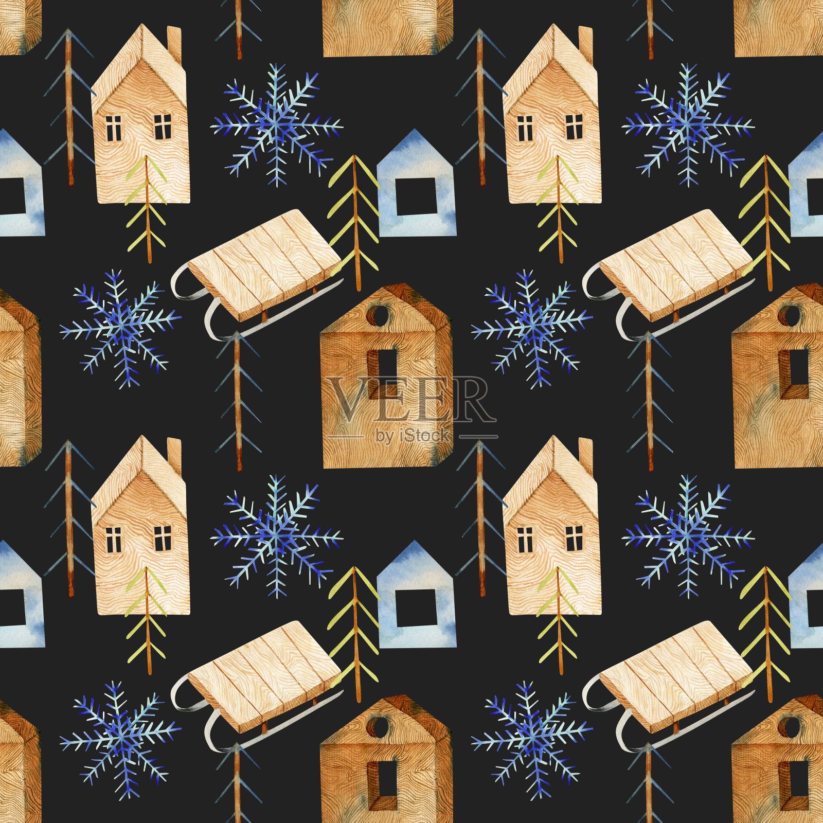 冬季无缝水彩图案圣诞元素北欧风格插画图片素材