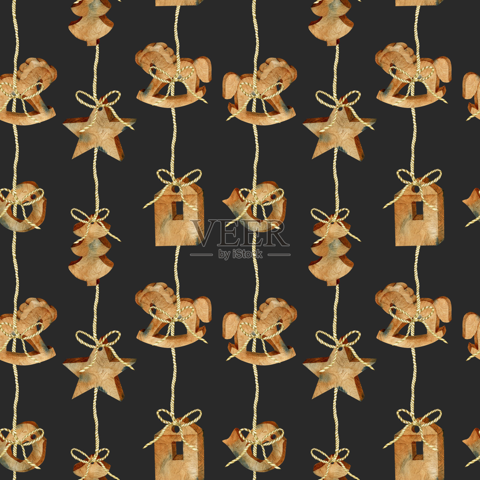 无缝水彩圣诞木制玩具花环北欧风格，手绘在一个黑暗的背景插画图片素材