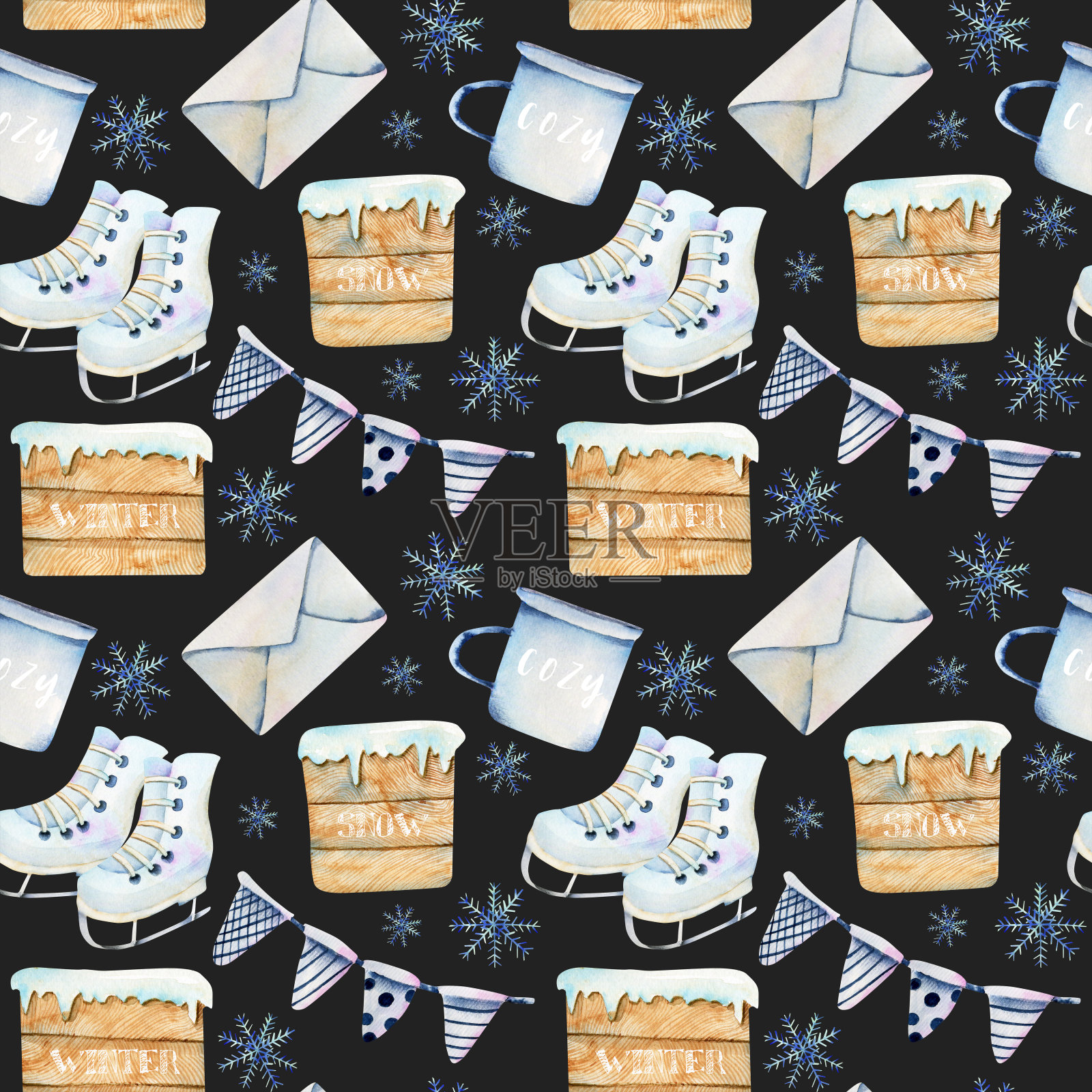 无缝水彩北欧圣诞物品(旗帜，杯子，信封，溜冰鞋)插画图片素材