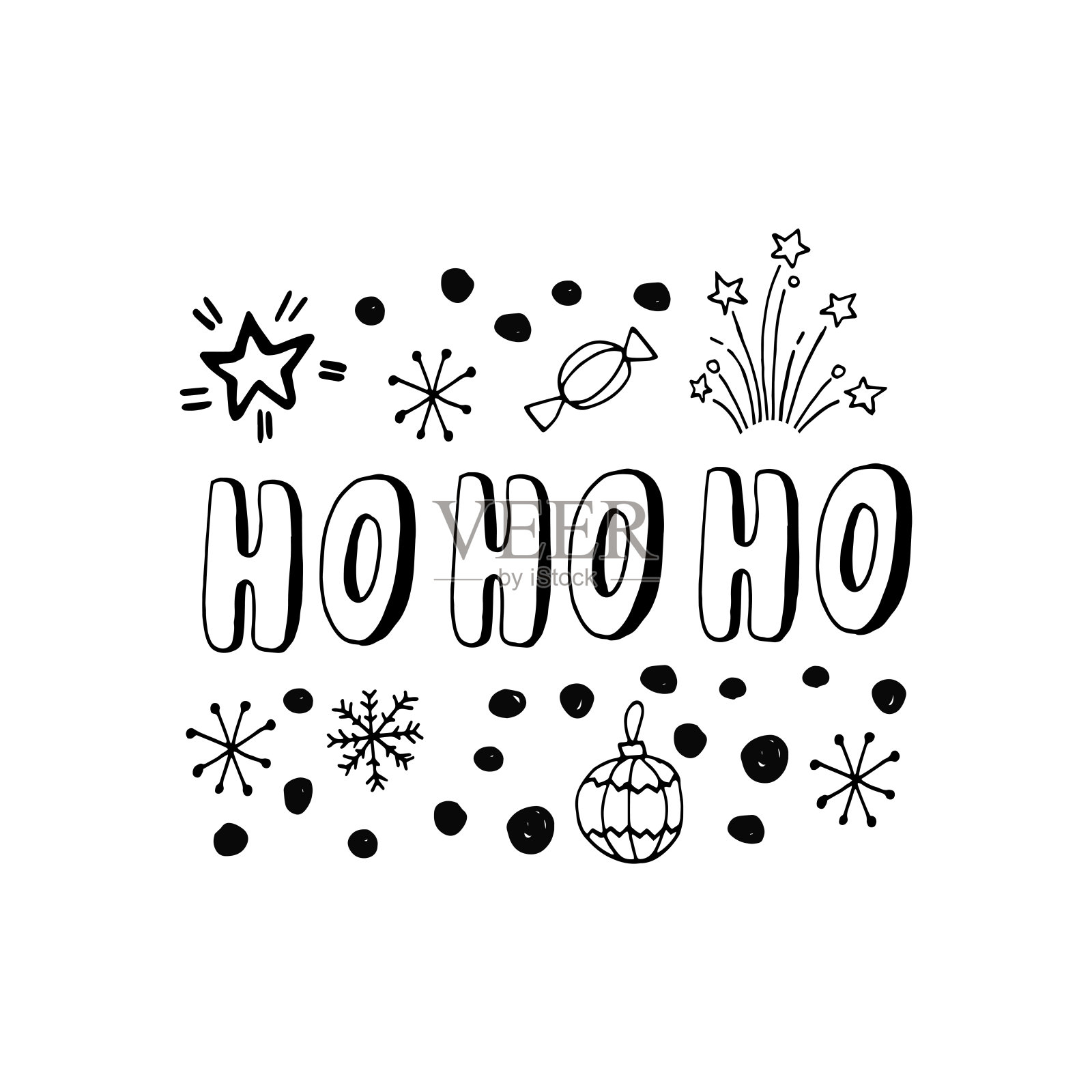 可爱的新年和圣诞节的字母。手绘矢量插图。冬季元素的贺卡，海报，贴纸和季节性设计。照片摄影图片