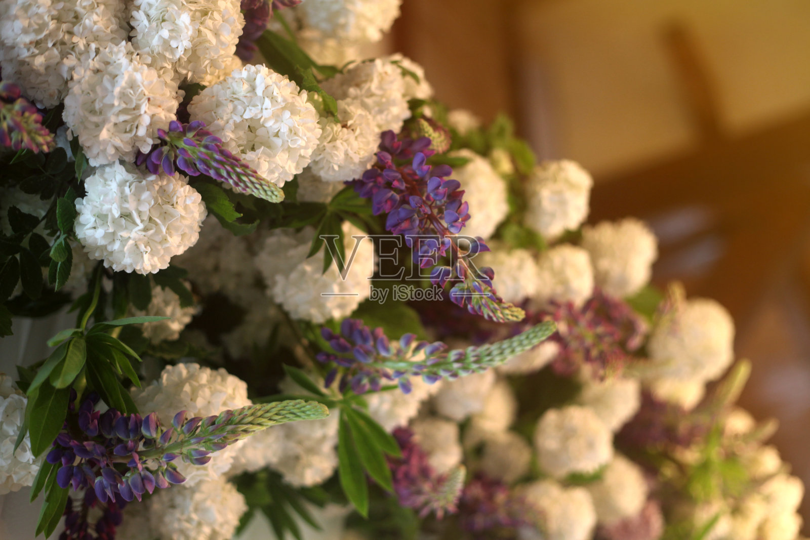 婚礼或宴会装饰白色和紫色的花。用羽扇豆装饰的弧形照片摄影图片