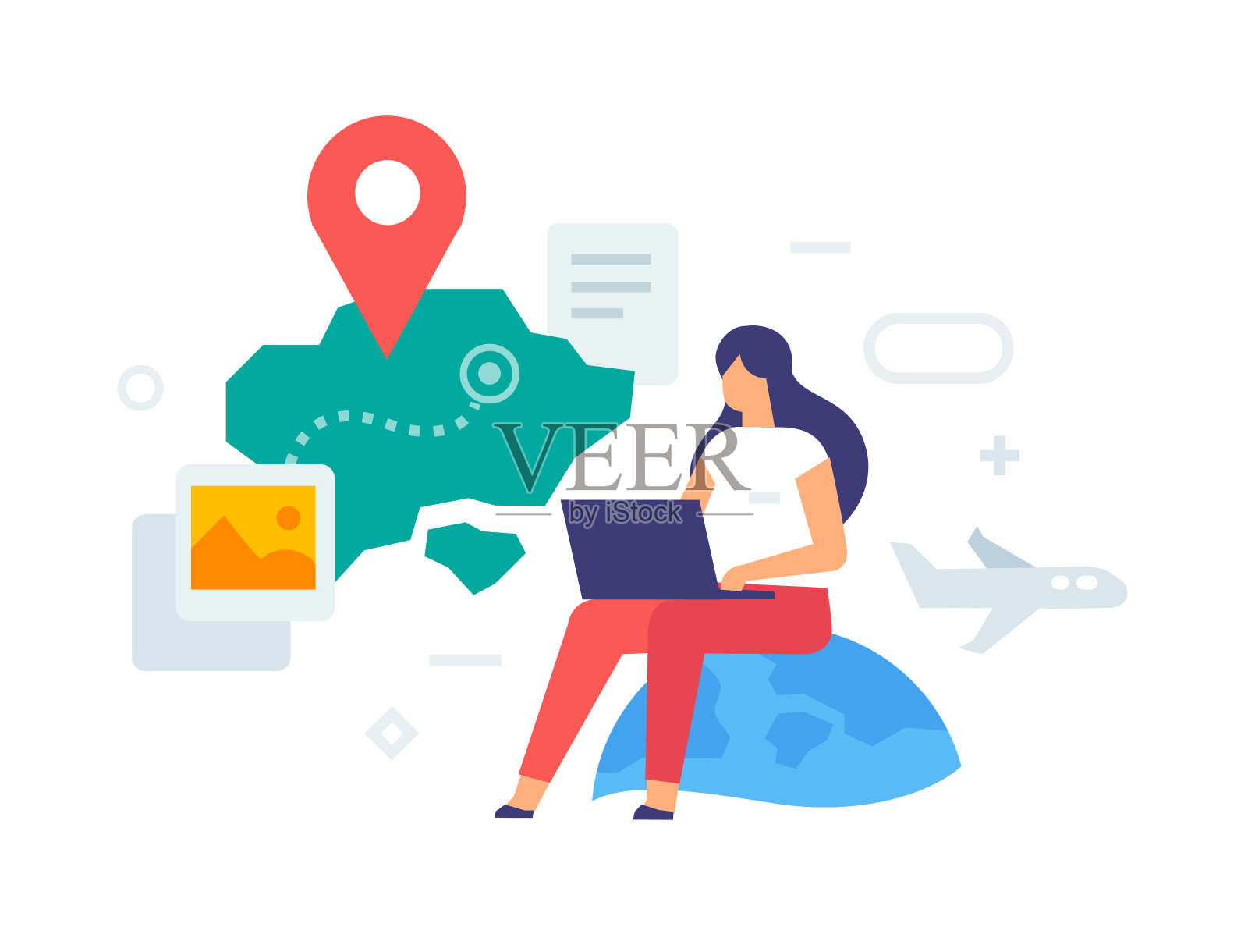 女孩选择一个旅行团。买票图标，插图。智能手机平板电脑用户界面社交媒体。平面插图图标信息图。登陆页网站打印海报。插画图片素材