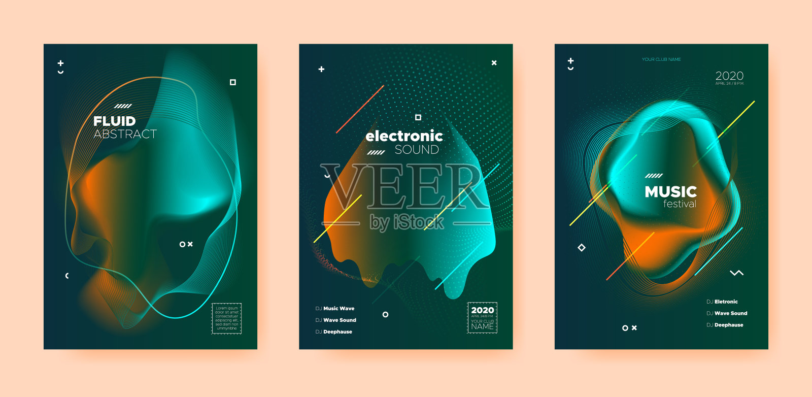 电子音乐海报。波梯度形状。迪斯科设计模板素材