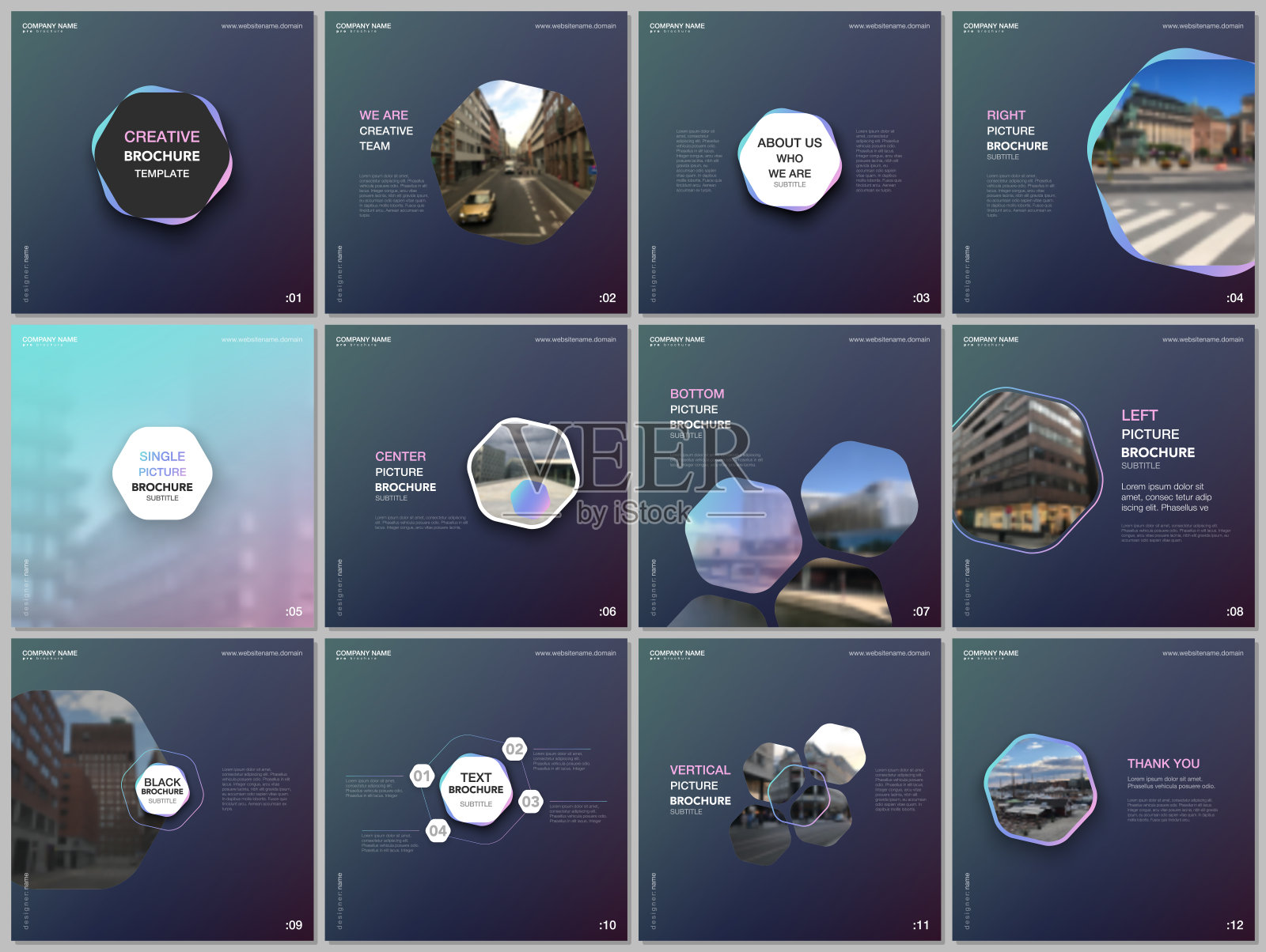 最小的手册模板与蓝色六边形，六角形的形状。封面设计模板为方形传单，传单，小册子，报告，演示，博客，社交媒体广告，在线促销。设计模板素材