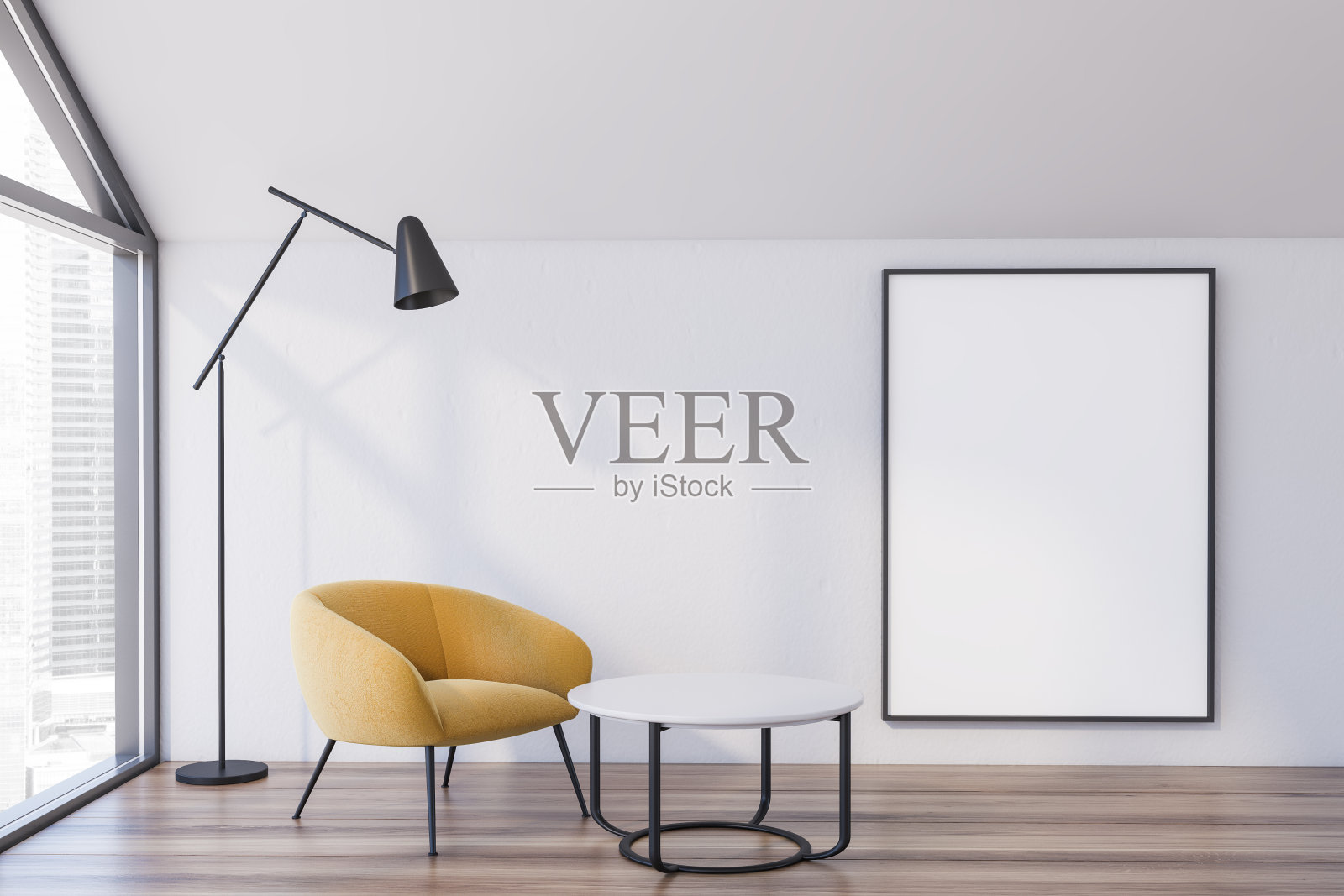 白色阁楼办公室休息室与扶手椅和海报照片摄影图片