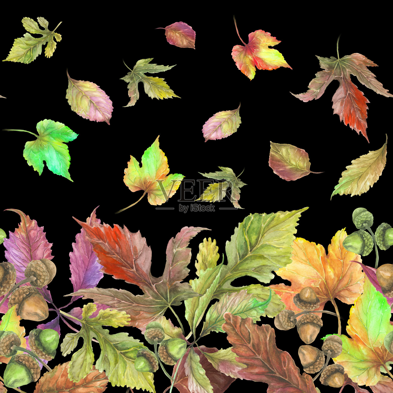 美丽的秋叶在黑色的背景上。无缝的边界。文本的模式与空间。水彩画。织物，墙纸，床单设计。插画图片素材