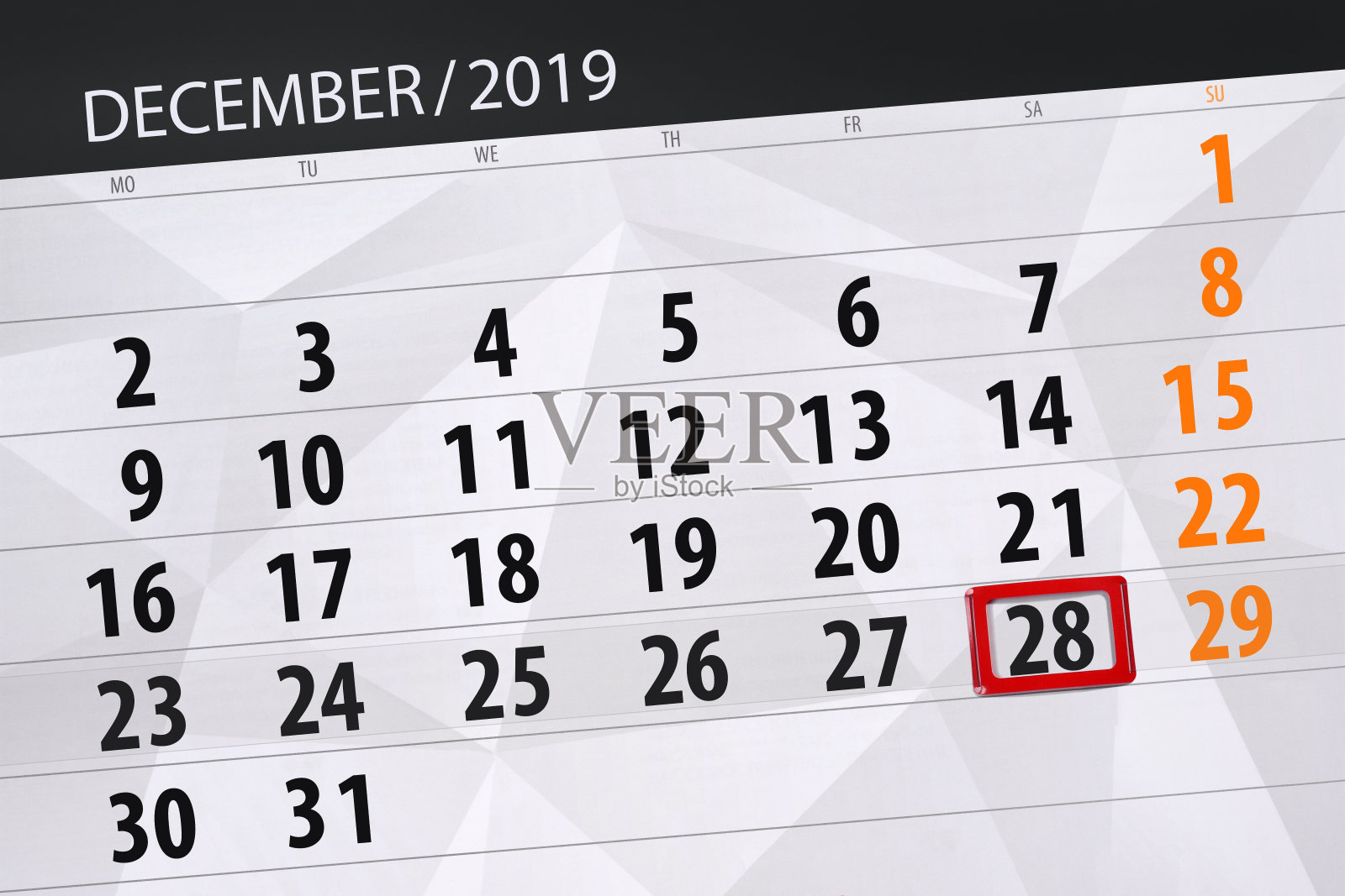 2019年12月的日历计划，截止日期，28日，周六插画图片素材