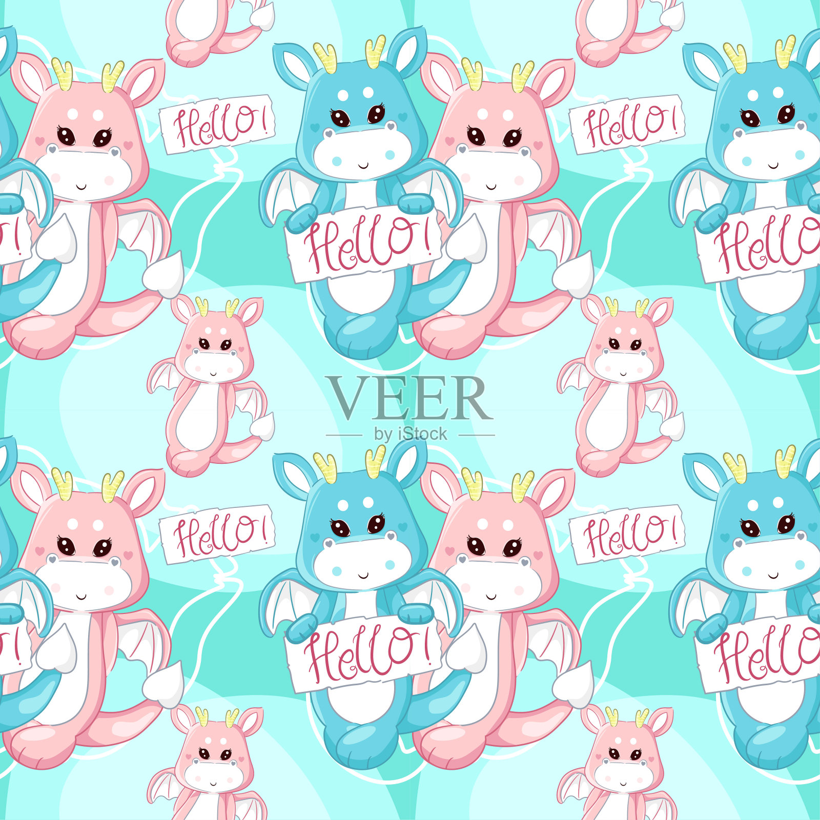 手绘可爱的夫妇龙图案套装插画图片素材