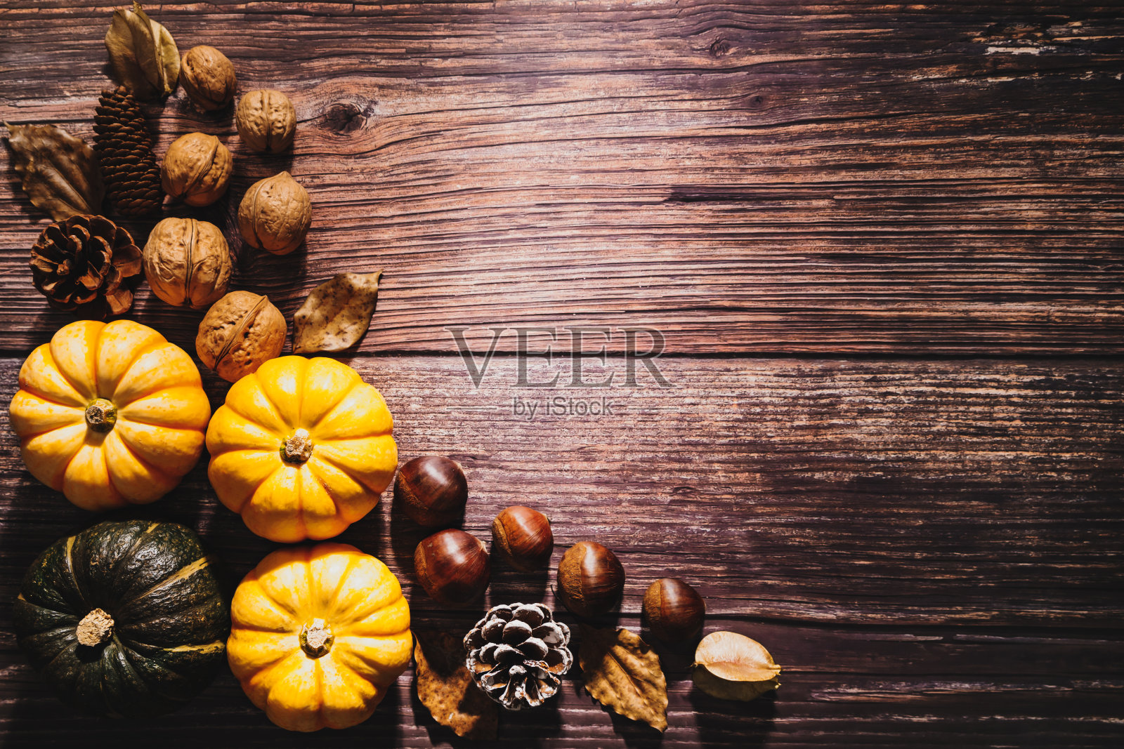 感恩节快乐，木桌上放着南瓜和坚果照片摄影图片