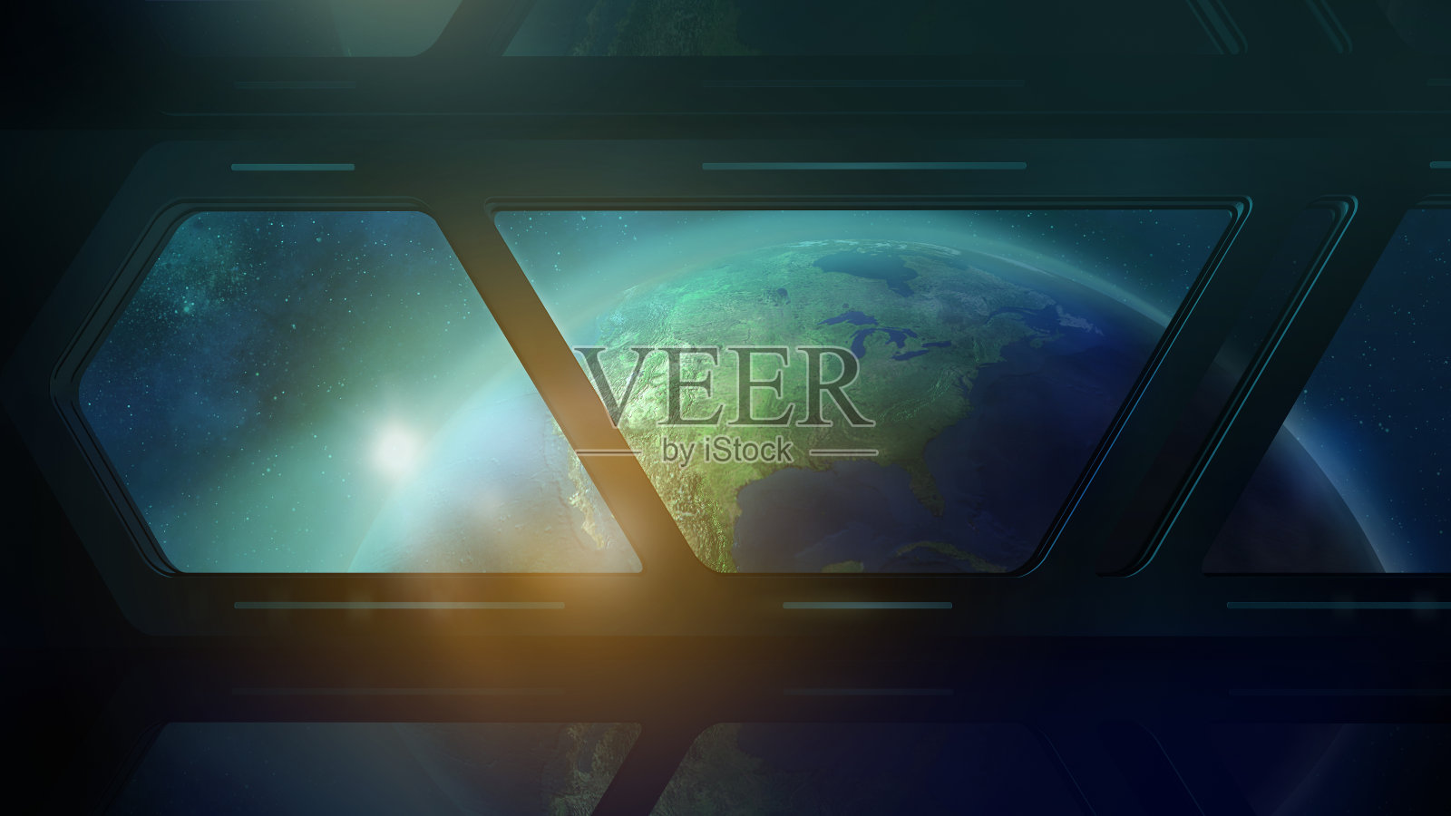 宇宙飞船舷窗中的地球，3D渲染照片摄影图片