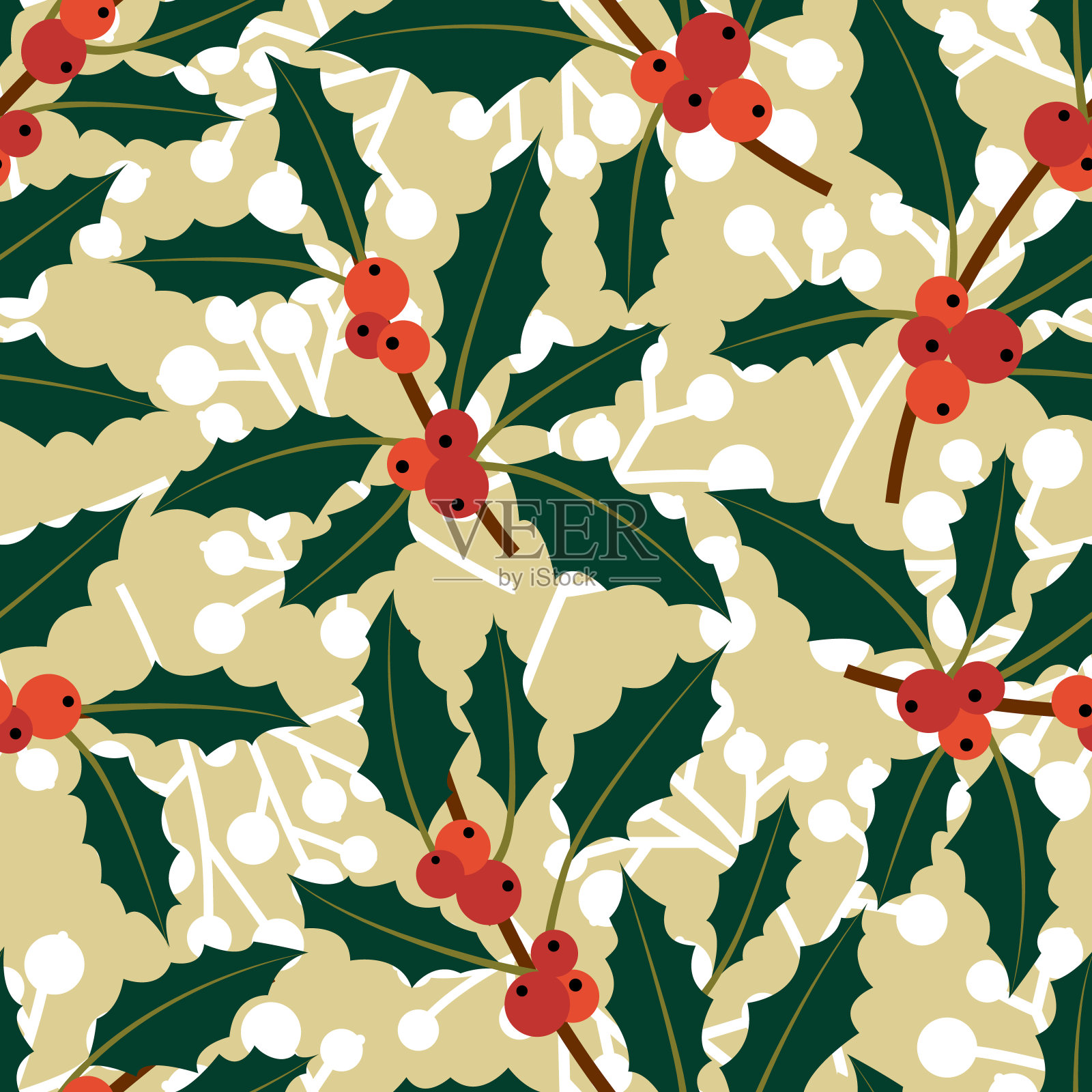 冬青浆果和绿叶。圣诞矢量无缝图案插画图片素材