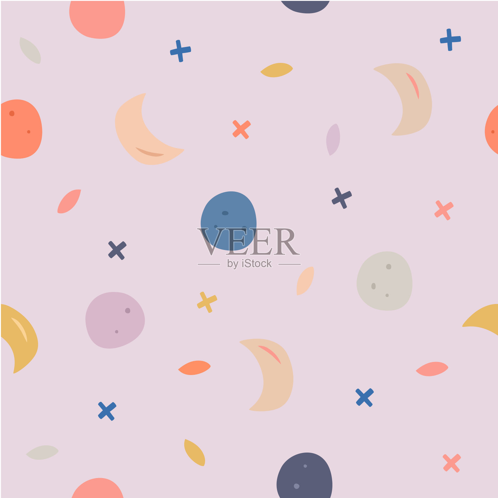 星星，月亮，行星，太空。可爱的无缝图案，墙纸，包装纸。银河启发的设计元素。可爱柔和的颜色粉色，红色，珊瑚色，蓝色，儿童风格，古怪简单极简可爱的形状。现代手绘织物托儿所装饰插画图片素材