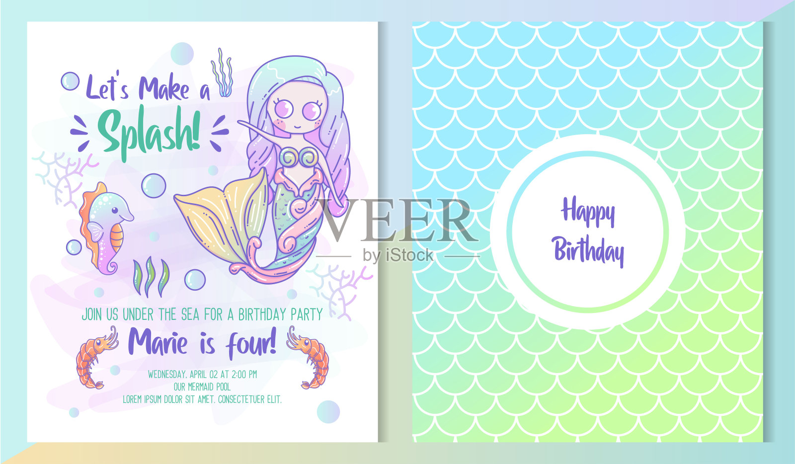 孩子们的生日派对的正面和背面的邀请卡与可爱的小美人鱼和海洋生物设计模板素材