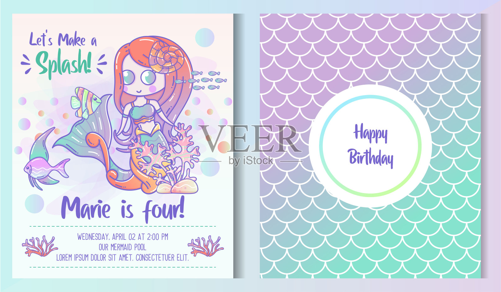孩子们的生日派对的正面和背面的邀请卡与可爱的小美人鱼和海洋生物插画图片素材