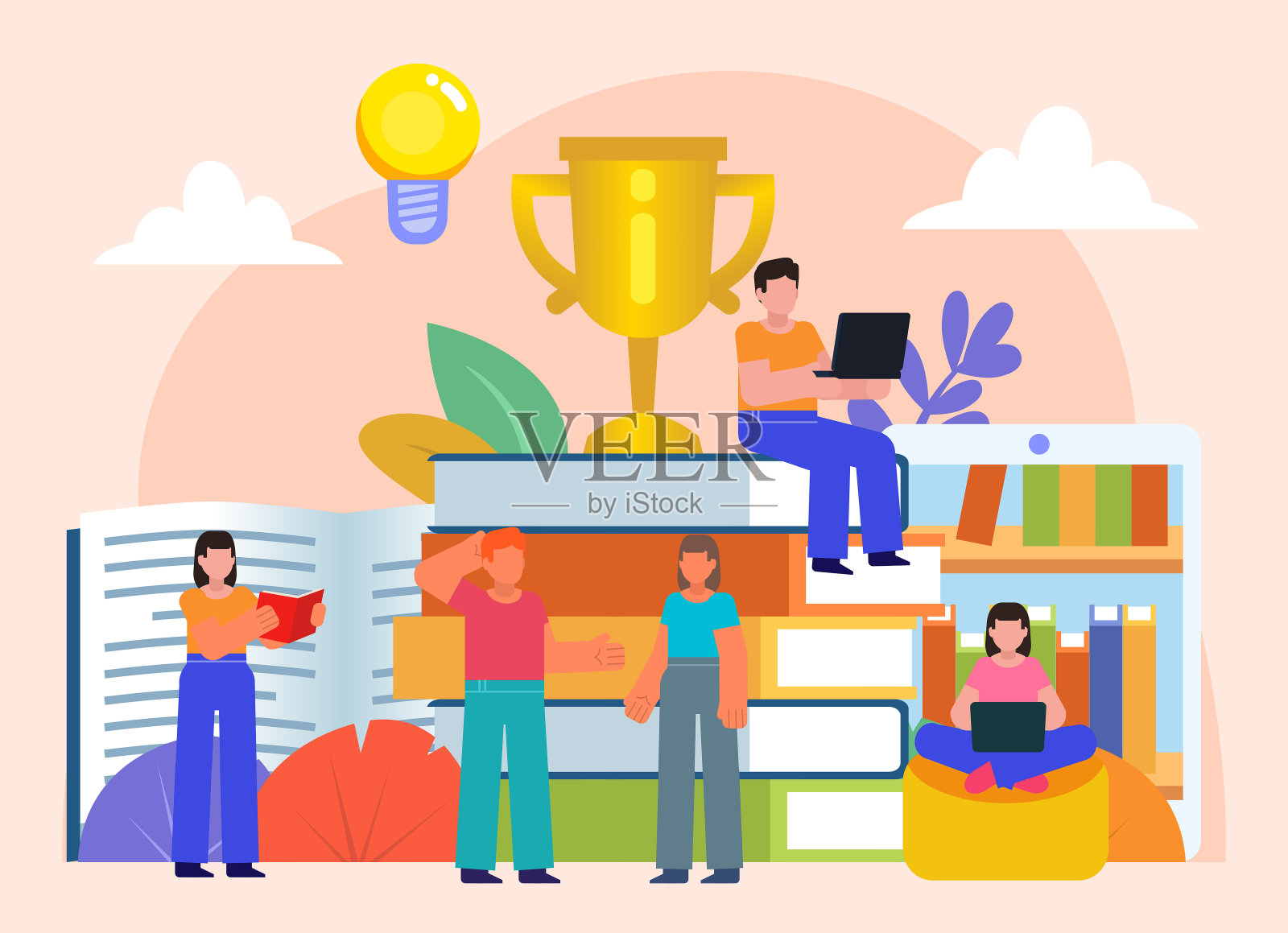 在大学里学习，准备考试。一群学生站在大书旁边插画图片素材