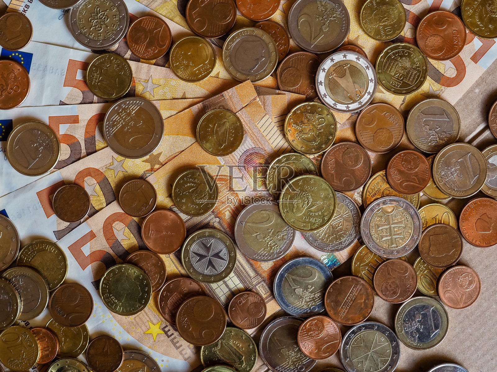 欧元纸币和硬币，欧盟照片摄影图片