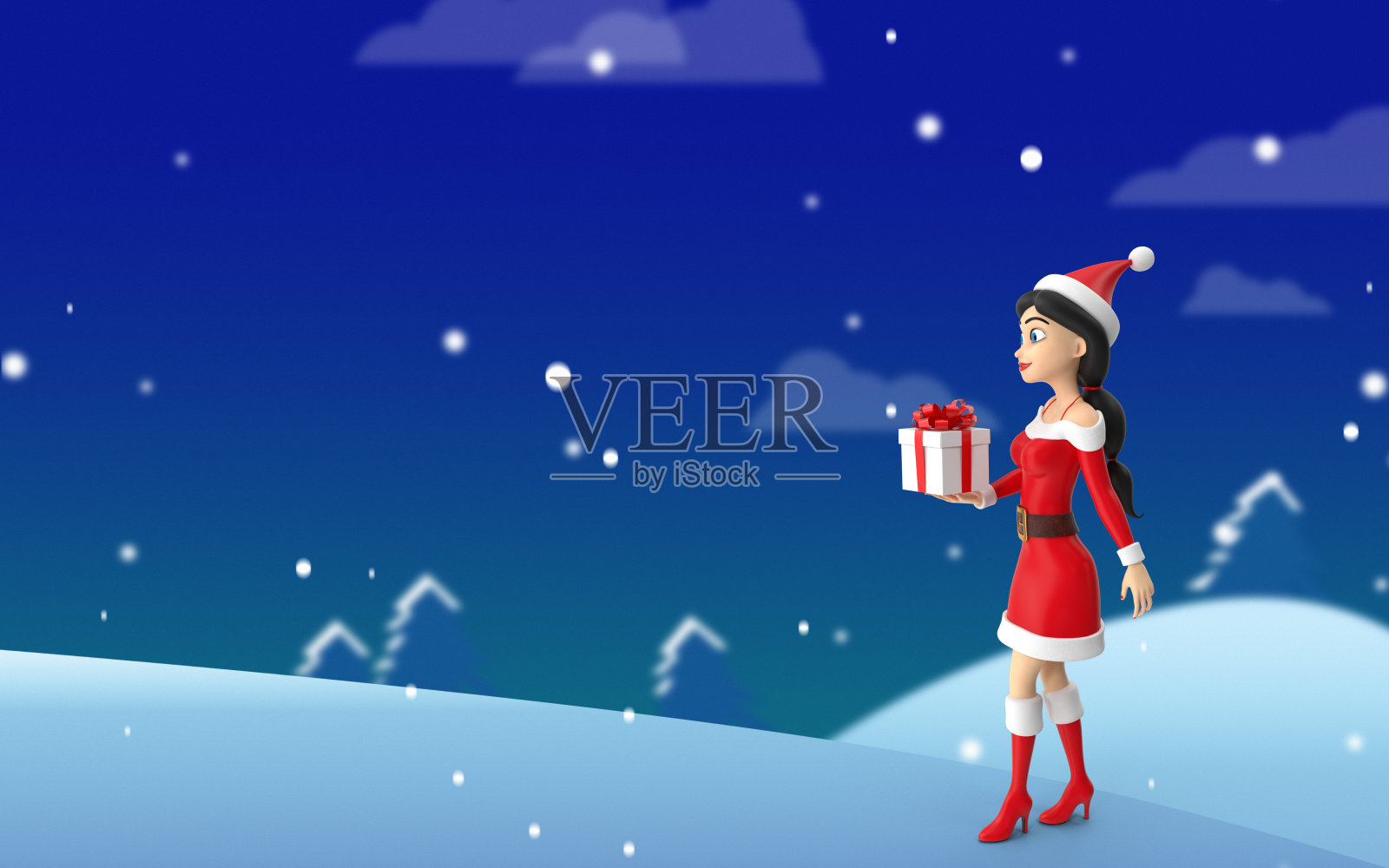 圣诞场景与女圣诞老人的蓝色背景照片摄影图片