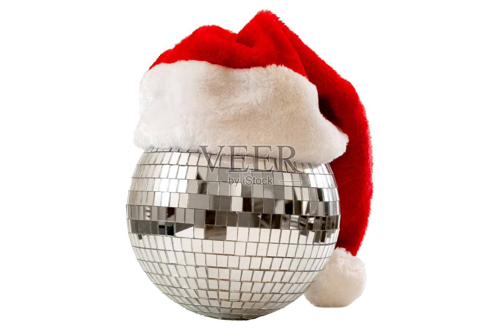 圣诞节新年派对海报：闪亮迪斯科球，戴圣诞帽，白色背景剪贴照片摄影图片