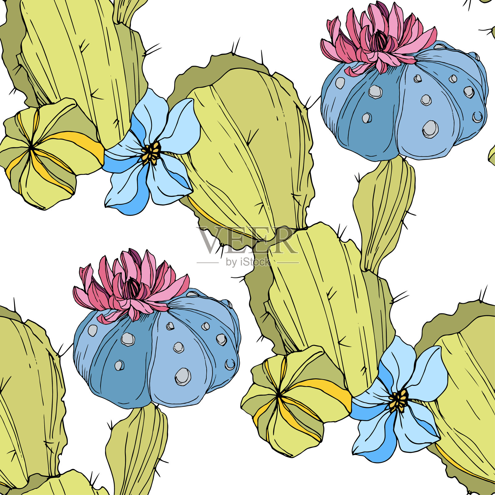 向量的仙人掌花。青、蓝雕刻水墨艺术。无缝的背景图案。织物墙纸印花纹理。插画图片素材