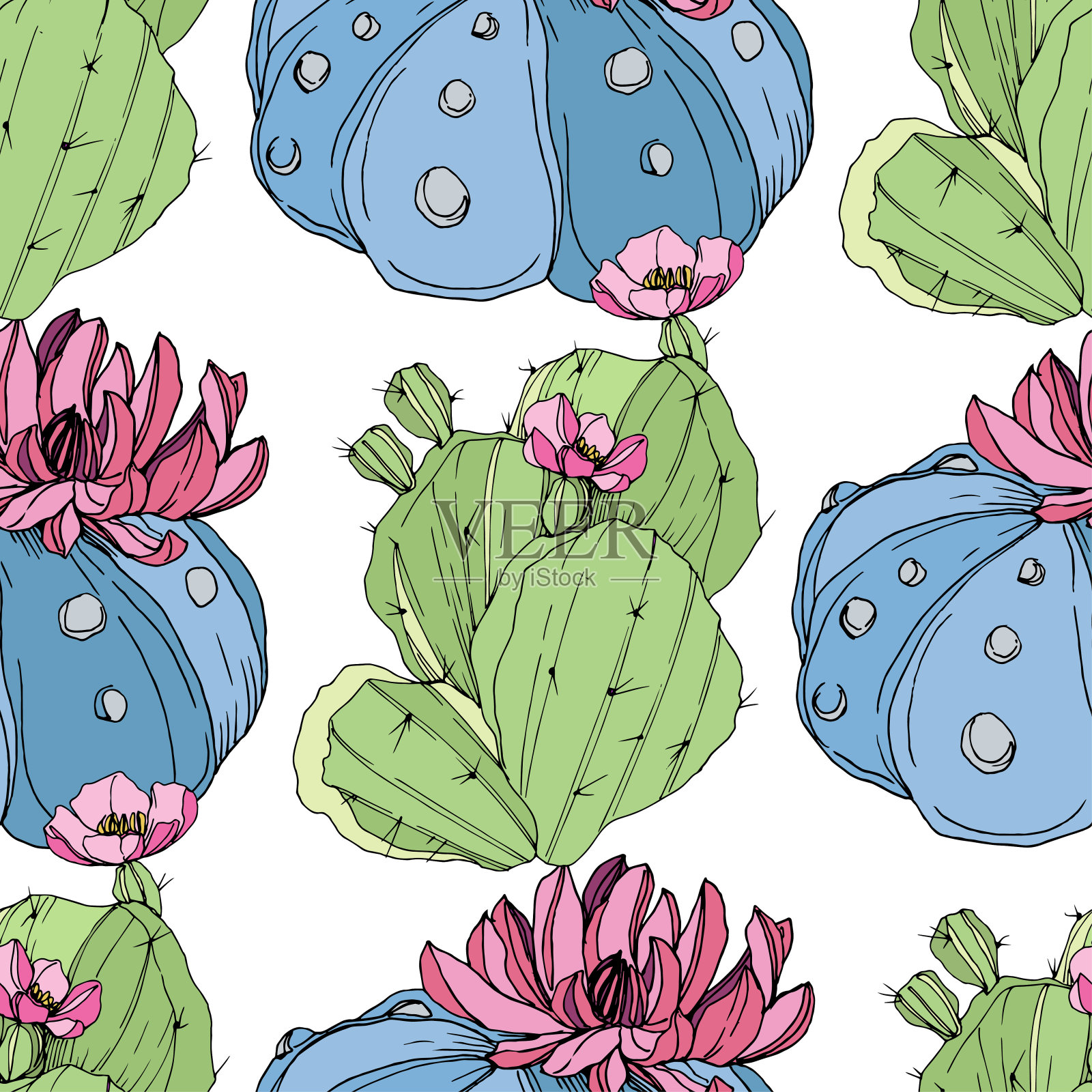 向量的仙人掌花。青、蓝雕刻水墨艺术。无缝的背景图案。织物墙纸印花纹理。插画图片素材