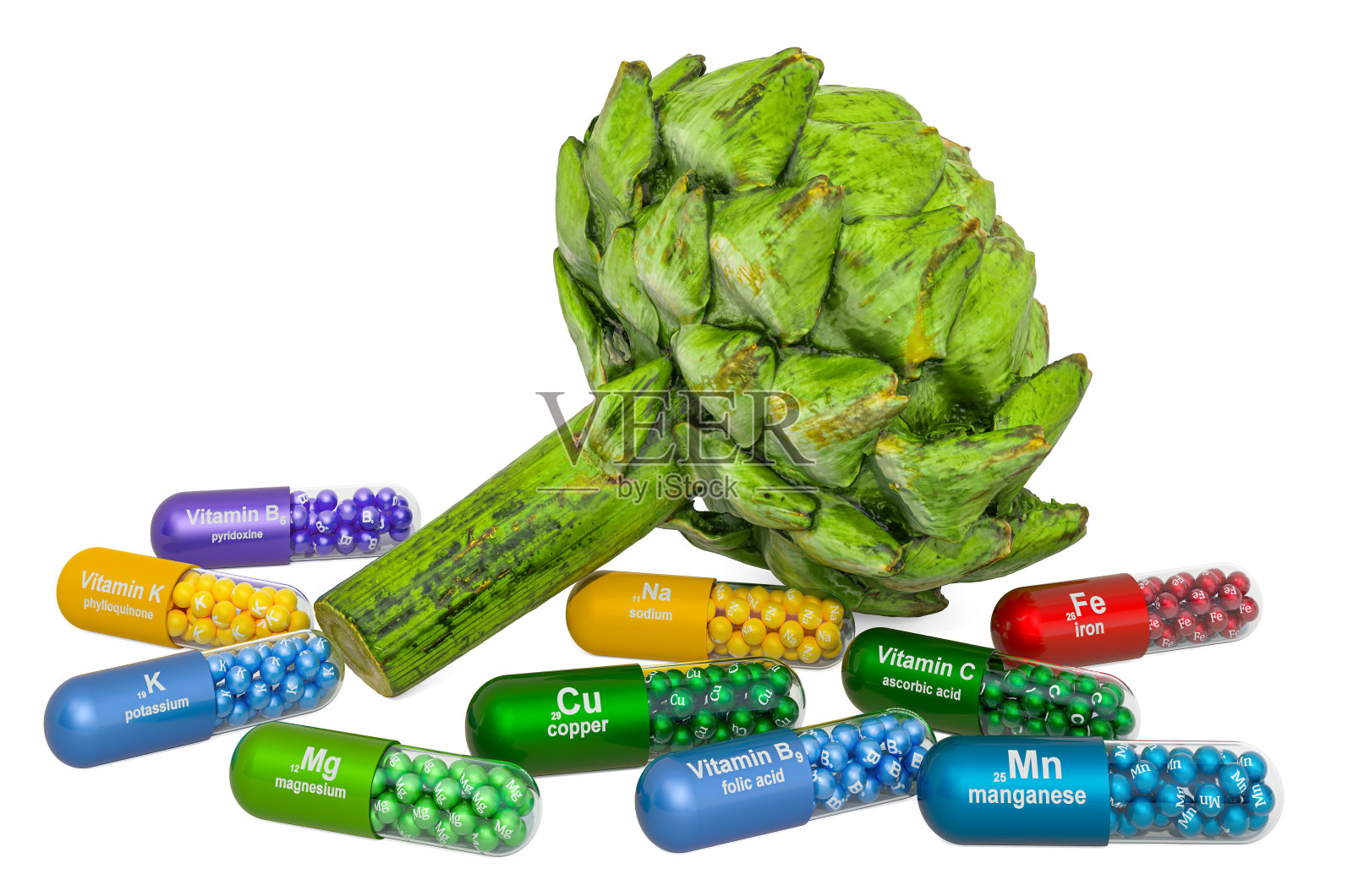 洋蓟的维生素和矿物质，3D渲染孤立在白色背景照片摄影图片
