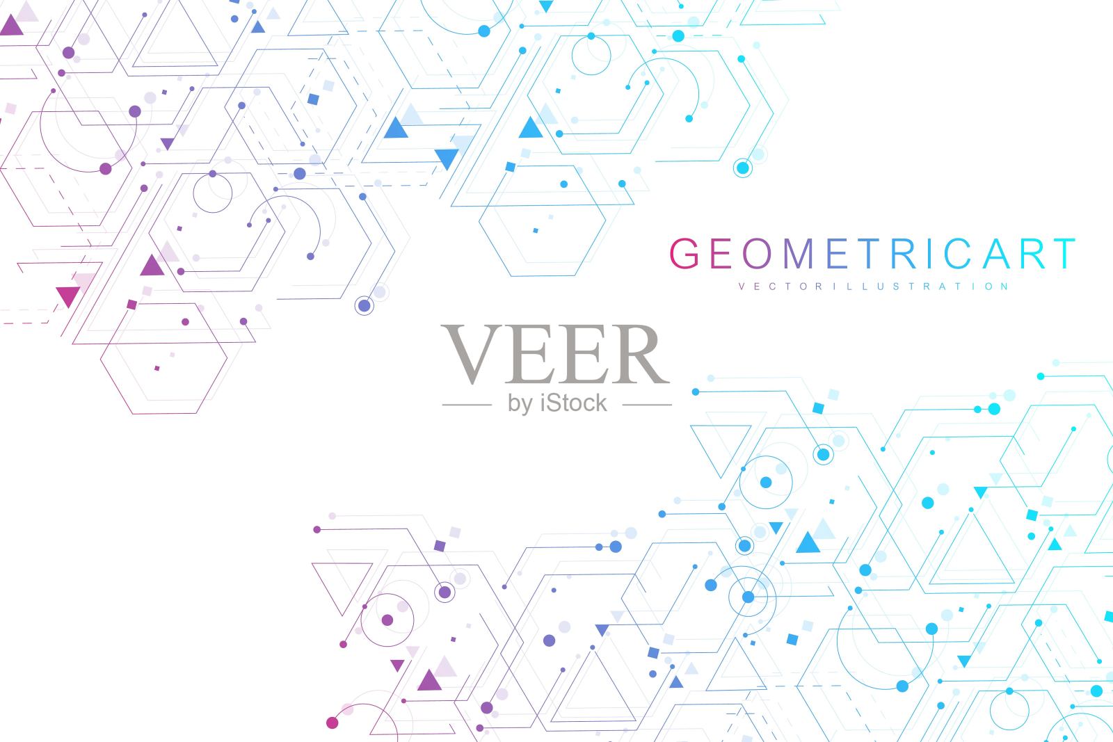 几何抽象背景与连接的线和点。结构分子和通信。大数据可视化。医学技术科学背景矢量插图。插画图片素材