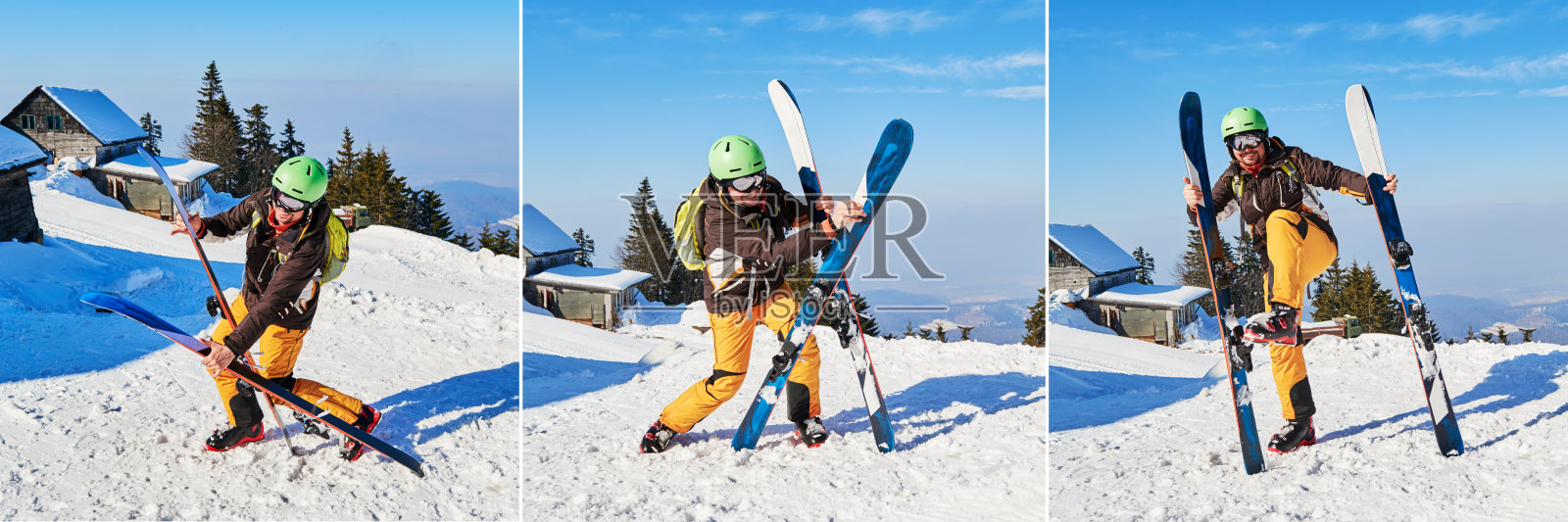 笨拙滑稽的滑雪者拿着他的滑雪板在不同的，错误的位置-构成。地点:Poiana Brasov滑雪胜地，罗马尼亚。照片摄影图片