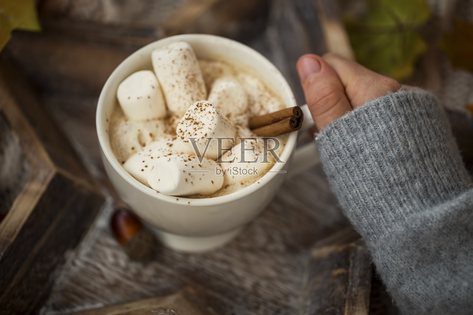热巧克力杯与棉花糖糖果和肉桂香料，女人抱着舒适温暖的热巧克力冬季甜点饮料照片摄影图片