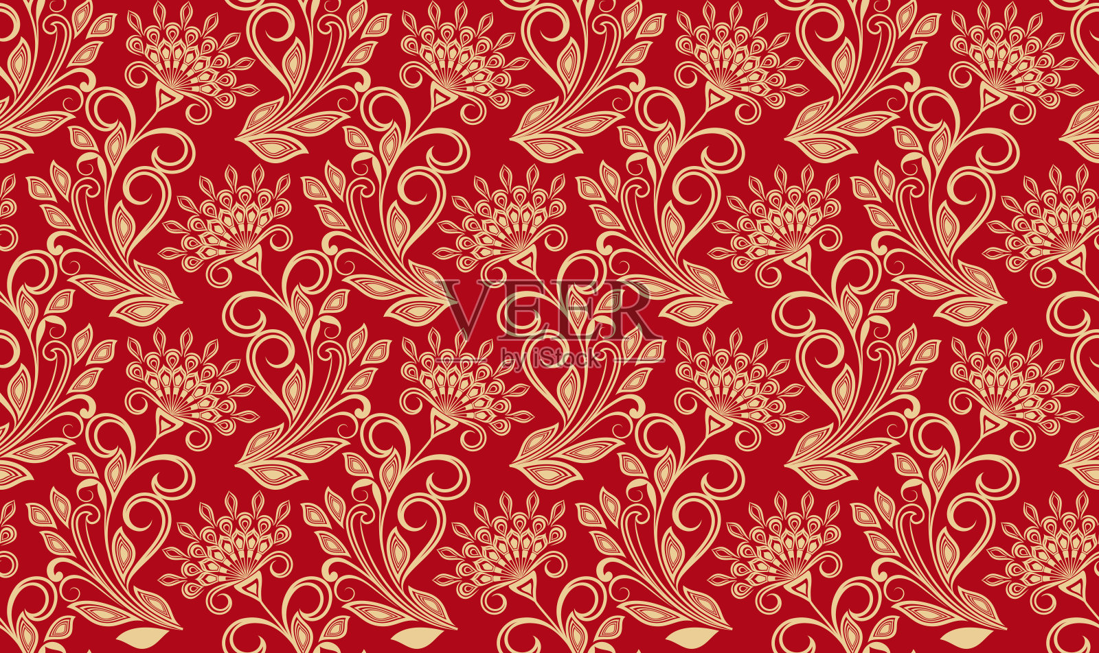 无缝红色和黄色花卉墙纸插画图片素材