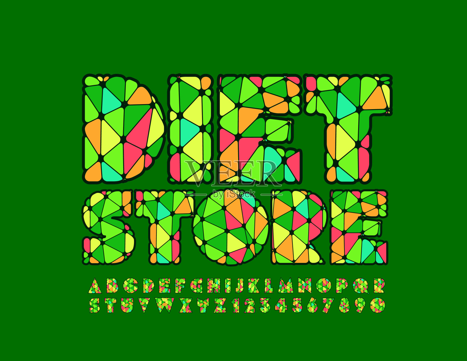 矢量彩色标志饮食商店。创意马赛克字母和数字插画图片素材