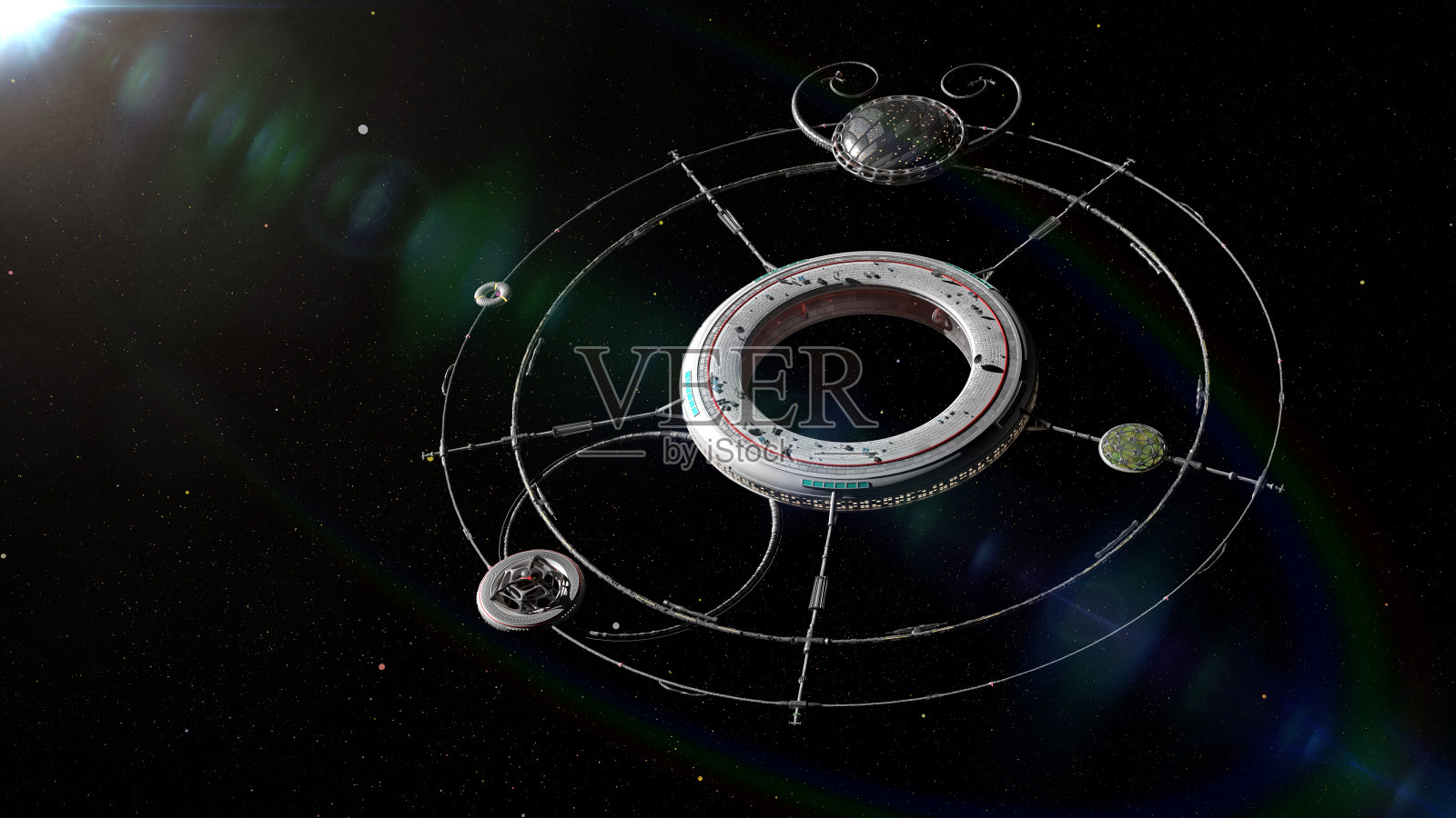 太空站，未来派的栖息地，被一颗明亮的星星照亮照片摄影图片