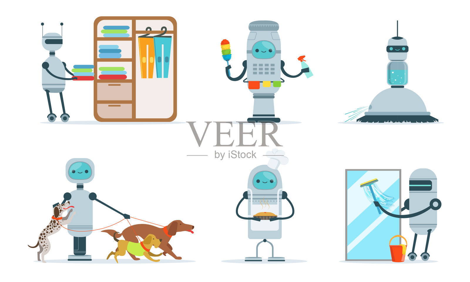 好的灰色机器人做家务。矢量图插画图片素材