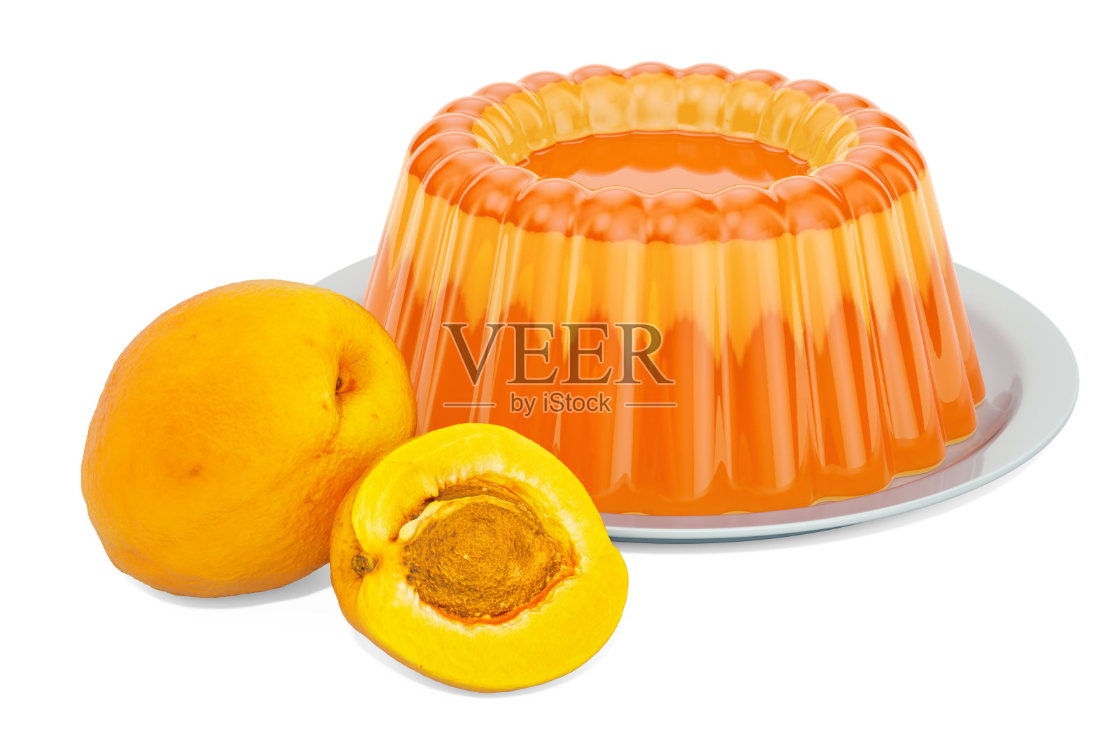 杏果冻与杏盘，3D渲染孤立的白色背景照片摄影图片