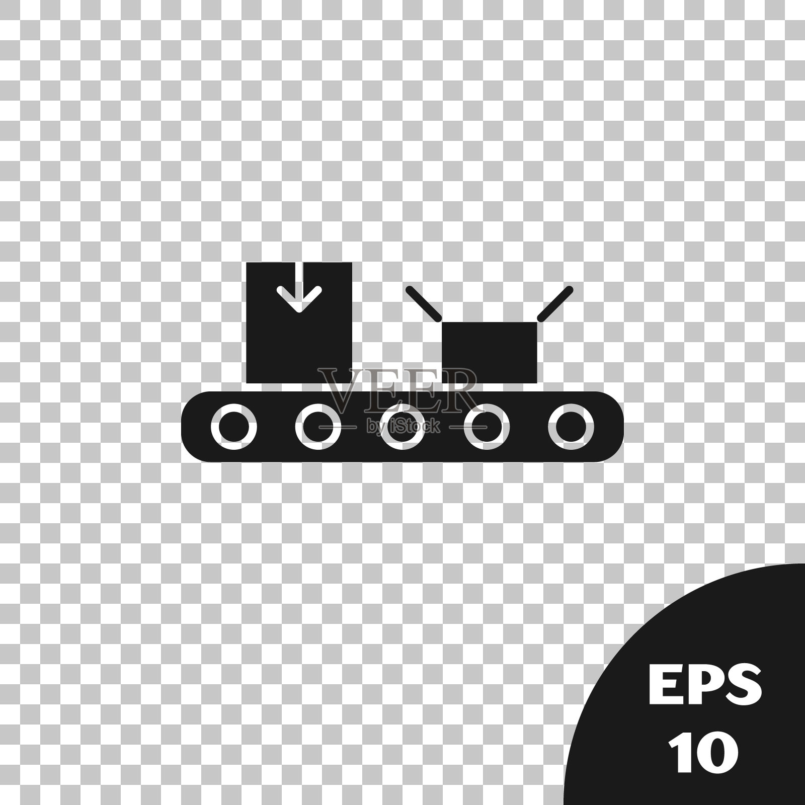 黑色传送带与纸盒图标隔离在透明的背景。矢量图插画图片素材