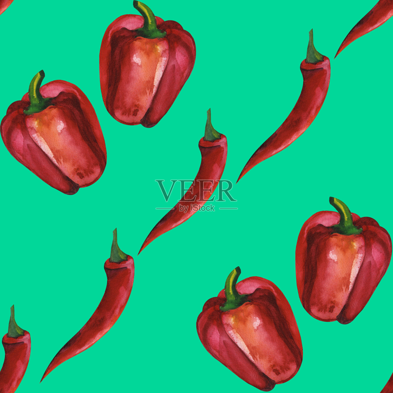 水彩红辣椒。墨西哥食物。无缝模式插画图片素材