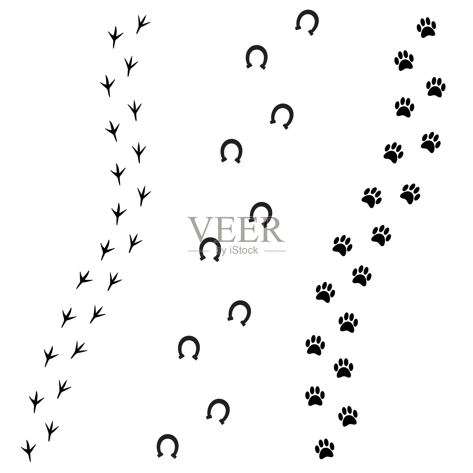 向量黑色脚印的狗，马和鸟插画图片素材