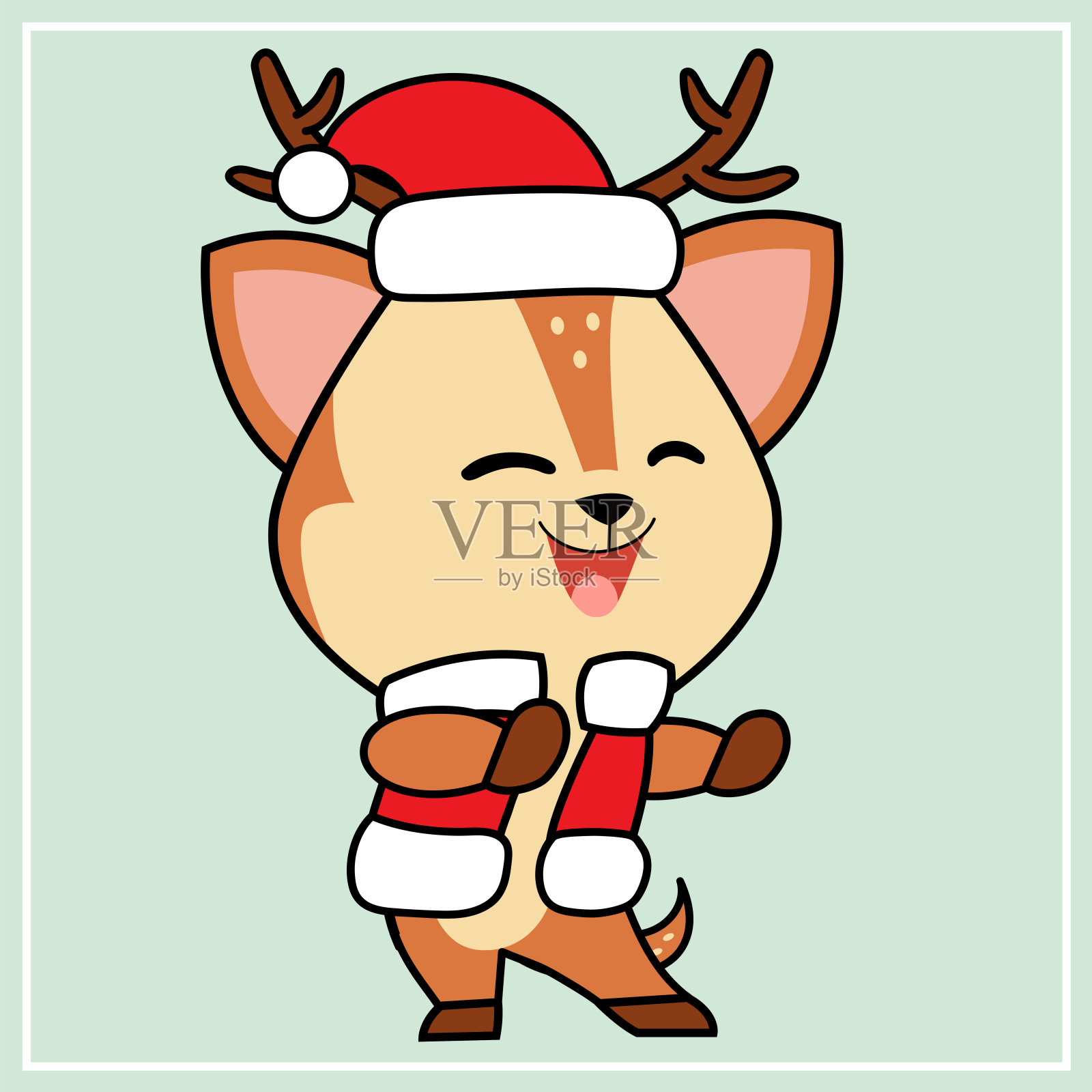 可爱的卡哇伊手画图标剪纸鹿的角色插图与圣诞服装- 4插画图片素材